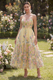 Vestido Midi Floral Amarillo Bordado en Tul A-Line