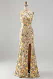 Vestido largo floral bordado con cuello champán sirena y abertura