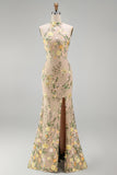 Vestido largo floral bordado con cuello champán sirena y abertura