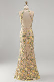 Vestido largo floral bordado con cuello champán sirena y abertura