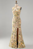 Vestido largo floral bordado con cuello champán sirena y abertura