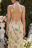Vestido largo floral bordado con cuello champán sirena y abertura