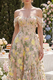 Corsé de tul con línea A descubierto y vestido midi floral bordado