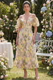Vestido midi floral bordado en tul con hombros descubiertos y champán con mangas abonadas