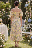 Vestido midi floral bordado en tul con hombros descubiertos y champán con mangas abonadas