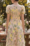 Vestido midi floral bordado en línea A de tul champán con escote en V y mangas abombadas