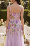 Vestido midi floral bordado de tul en línea A con escote cuadrado y cuello cuadrado lila
