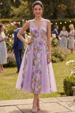 Vestido midi floral midi bordado de tul lila línea A