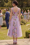 Vestido midi floral midi bordado de tul lila línea A