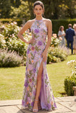 Vestido largo floral bordado con cuello lila lila sirena y tul largo con abertura