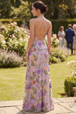 Vestido largo floral bordado con cuello lila lila sirena y tul largo con abertura