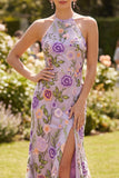 Vestido largo floral bordado con cuello lila lila sirena y tul largo con abertura