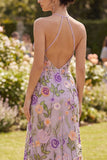 Vestido largo floral bordado con cuello lila lila sirena y tul largo con abertura