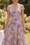 Vestido midi floral bordado de tul lila con línea de hombros en forma de A