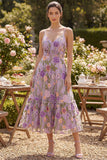 Vestido floral midi bordado de tul lila A-Line