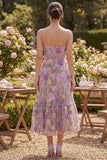 Vestido floral midi bordado de tul lila A-Line