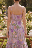 Vestido floral midi bordado de tul lila A-Line