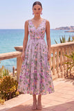 Vestido midi floral bordado en línea A de tul lila y escote en V
