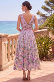 Vestido midi floral bordado en línea A de tul lila y escote en V