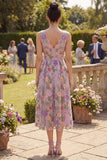 Vestido midi floral bordado en línea A de tul lila y escote en V