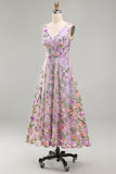 Vestido midi floral bordado en línea A de tul lila y escote en V