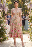 Vestido midi midi floral bordado de tul en pico con escote en V y manga corta