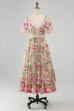Vestido midi midi floral bordado de tul en pico con escote en V y manga corta
