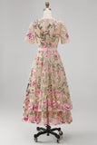 Vestido midi midi floral bordado de tul en pico con escote en V y manga corta