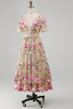 Vestido midi midi floral bordado de tul en pico con escote en V y manga corta