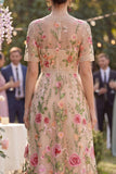 Vestido midi midi floral bordado de tul en pico con escote en V y manga corta