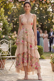 Vestido largo de tul bordado en niveles con escote en V y de color rosa