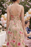 Vestido Midi floral bordado en línea A de tul con escote en V
