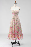 Vestido midi floral bordado sin tirantes de tul A-Line Blush