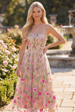 Vestido midi floral bordado sin tirantes de tul A-Line Blush