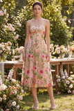 Vestido midi floral bordado sin tirantes de tul A-Line Blush