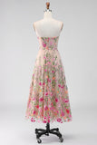 Vestido midi floral bordado sin tirantes de tul A-Line Blush