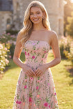 Vestido midi floral bordado sin tirantes de tul A-Line Blush