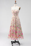Vestido midi floral bordado sin tirantes de tul A-Line Blush