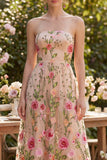 Vestido midi floral bordado sin tirantes de tul A-Line Blush