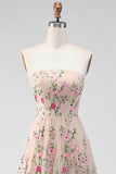 Vestido midi floral bordado sin tirantes de tul A-Line Blush