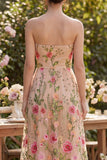 Vestido midi floral bordado sin tirantes de tul A-Line Blush