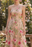 Vestido midi floral bordado de tul con un solo hombro en línea A