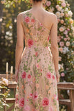 Vestido midi floral bordado de tul con un solo hombro en línea A