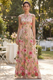 Vestido largo de flores bordado en tul con escote bateau y cuello A
