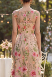 Vestido largo de flores bordado en tul con escote bateau y cuello A