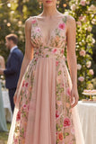 Vestido midi floral bordado de tul de tul con escote en V y escote en V