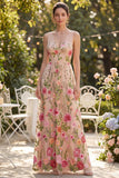 Vestido largo de tul bordado con colorete en V y línea A