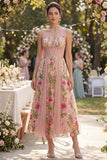 Vestido midi floral bordado de tul de tul en pico, línea A