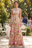 Vestido largo floral de tul bordado en línea A con escote halter, cuello halter,