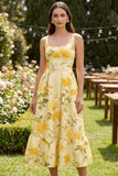 Vestido Midi de A Line Amarillo Amarillo Mantequilla Floral